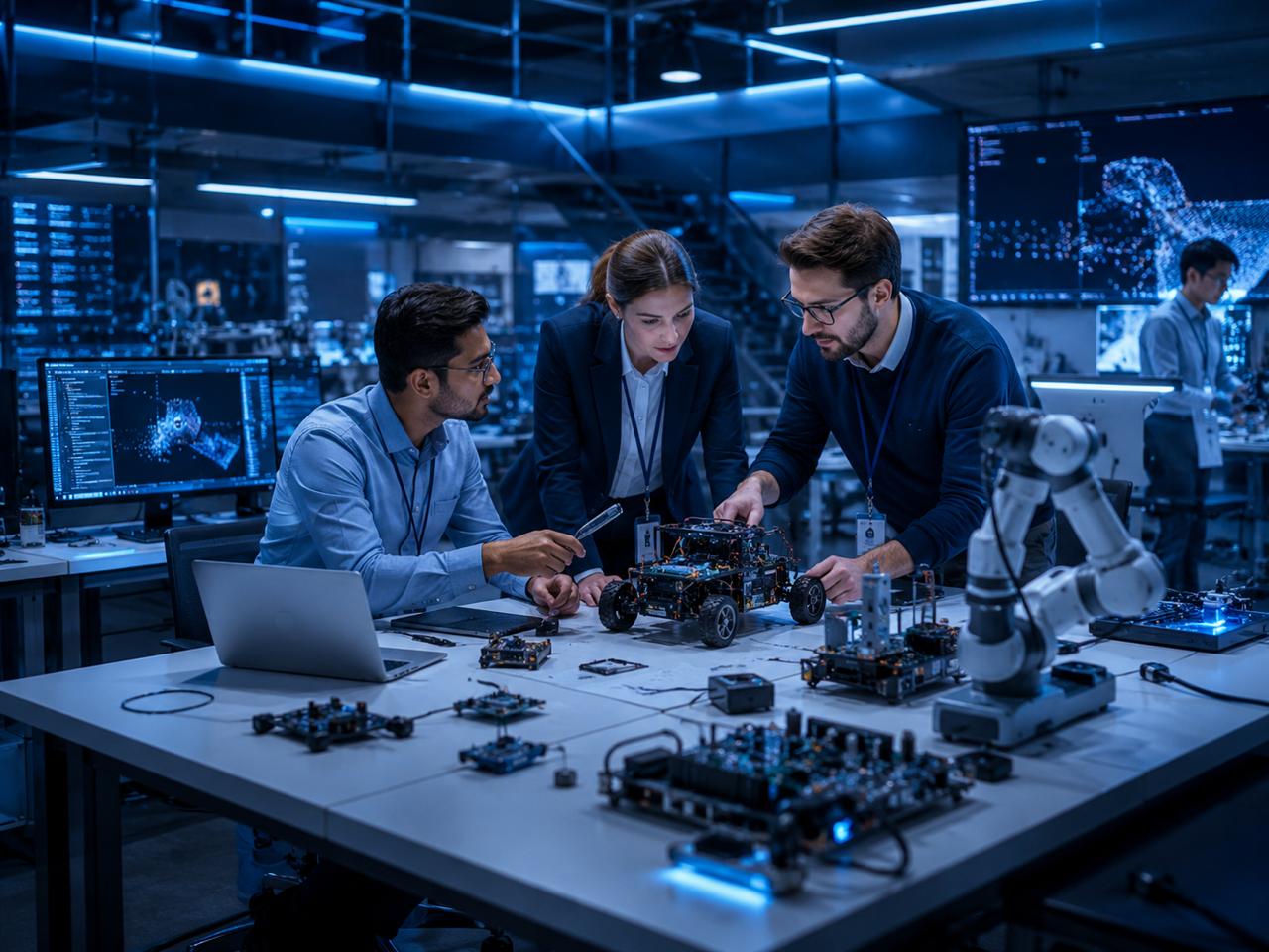 A multidisciplinary team collaborating in an R&D lab